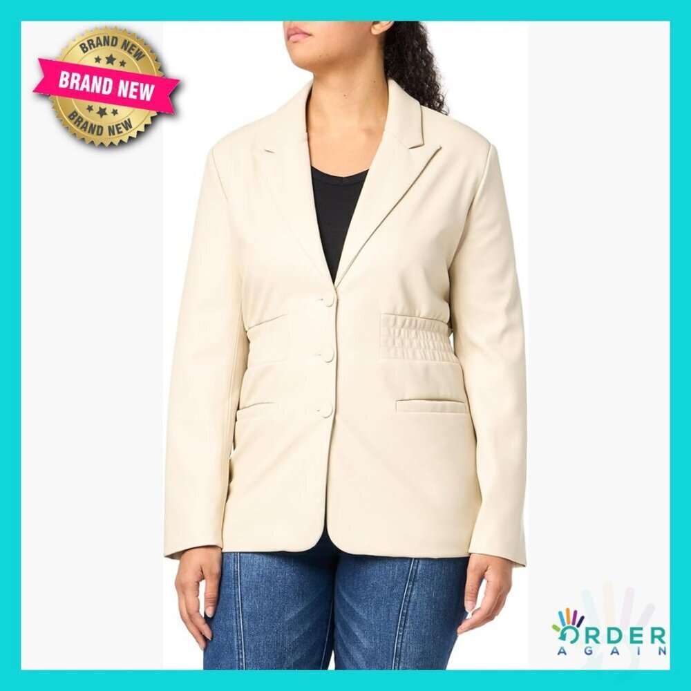 Tailored Fit Blazer Smocked Cinch Waist Shawl Collar Faux Leather Business